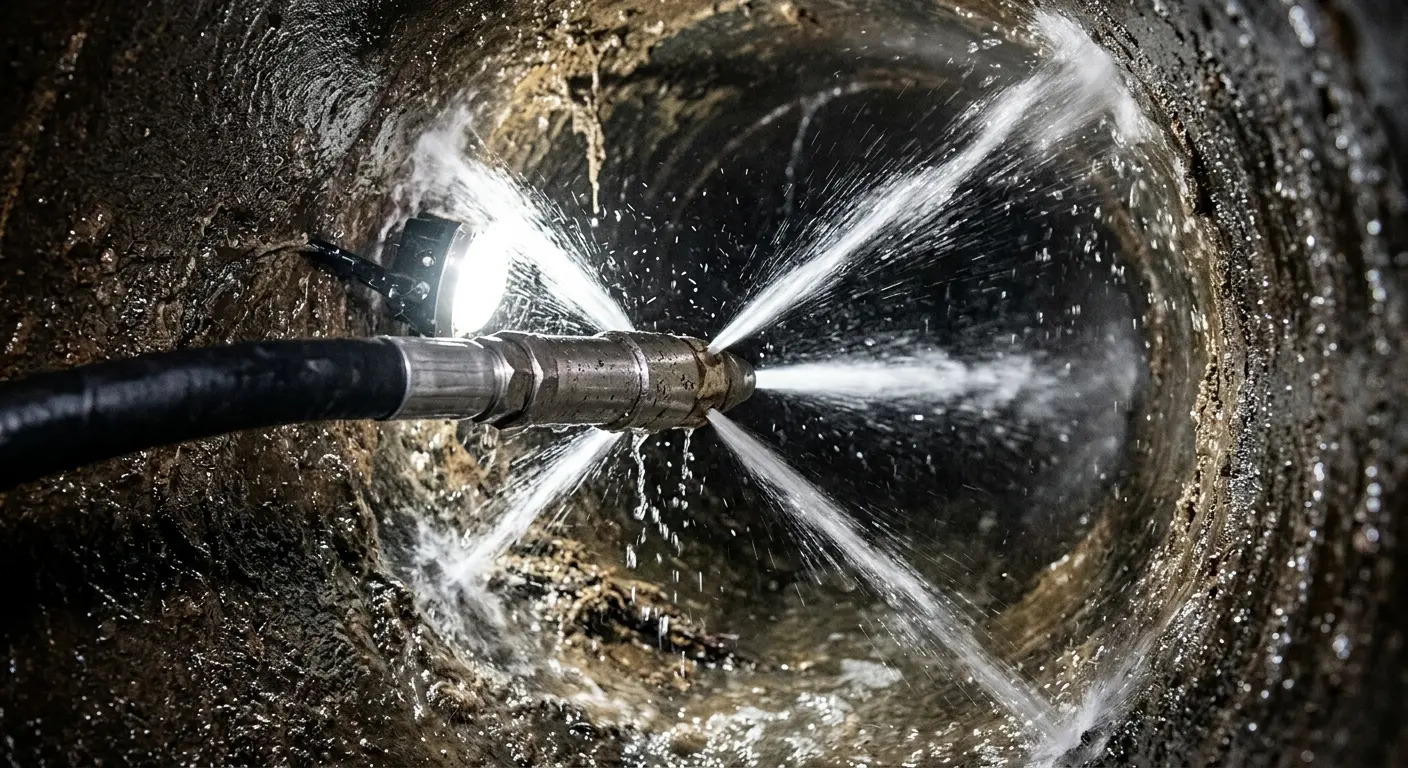 High-pressure hydro jetting nozzle cleaning sewer pipe for Sewer Cleanout in South River