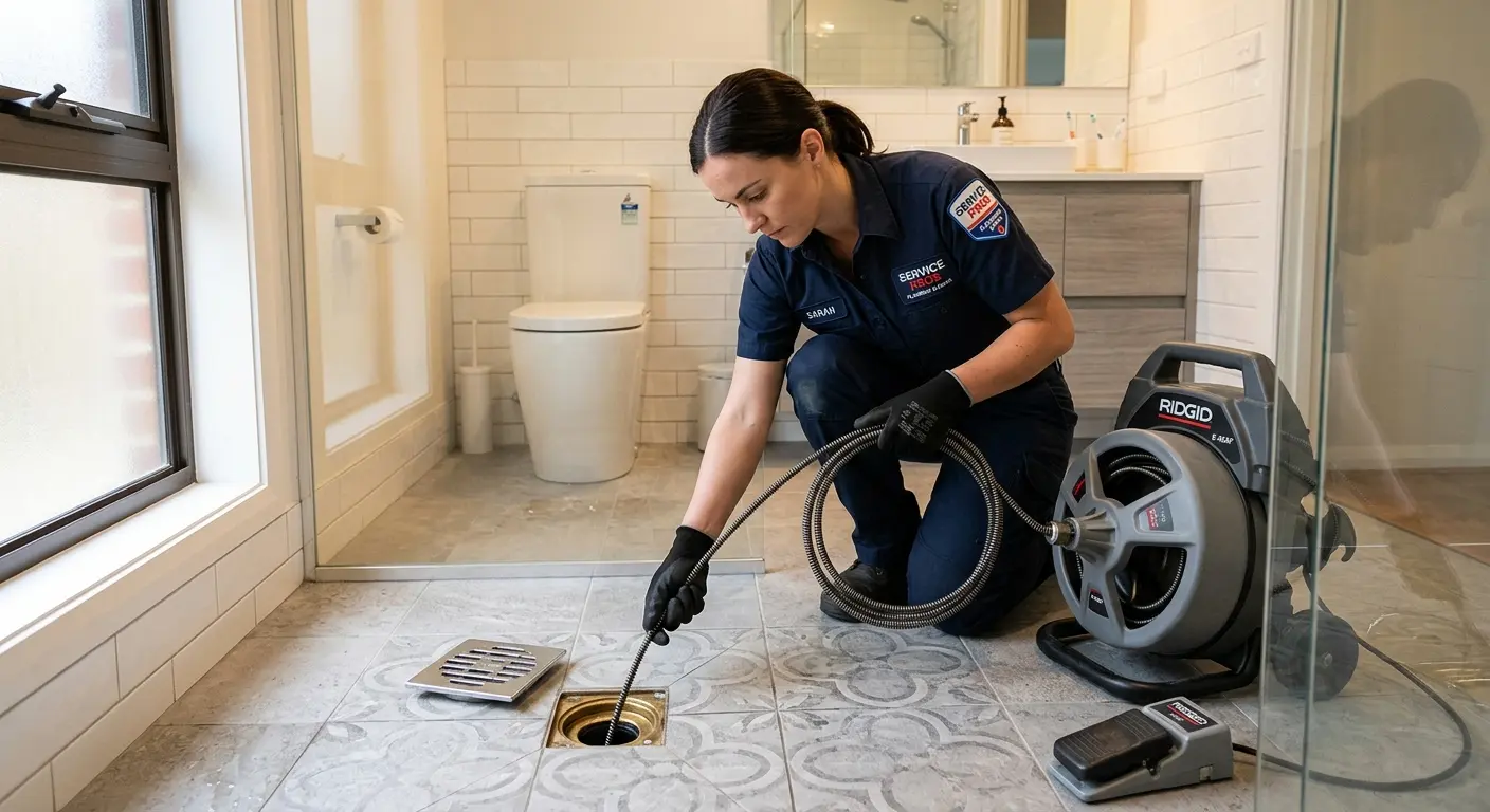 Technician clearing a bathroom floor drain for Hydro Jetting in South River
